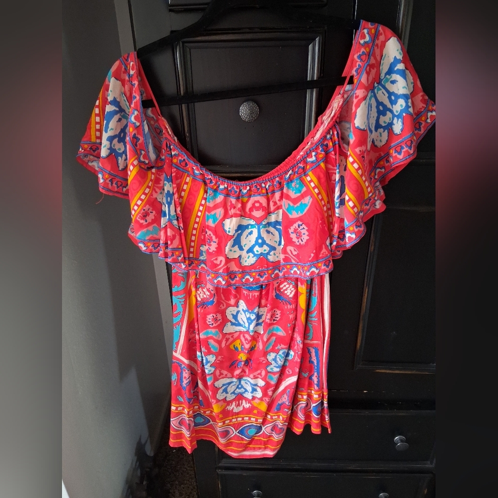 Womens Off-Shoulder Floral Ruffle Dress- Pink Multi
